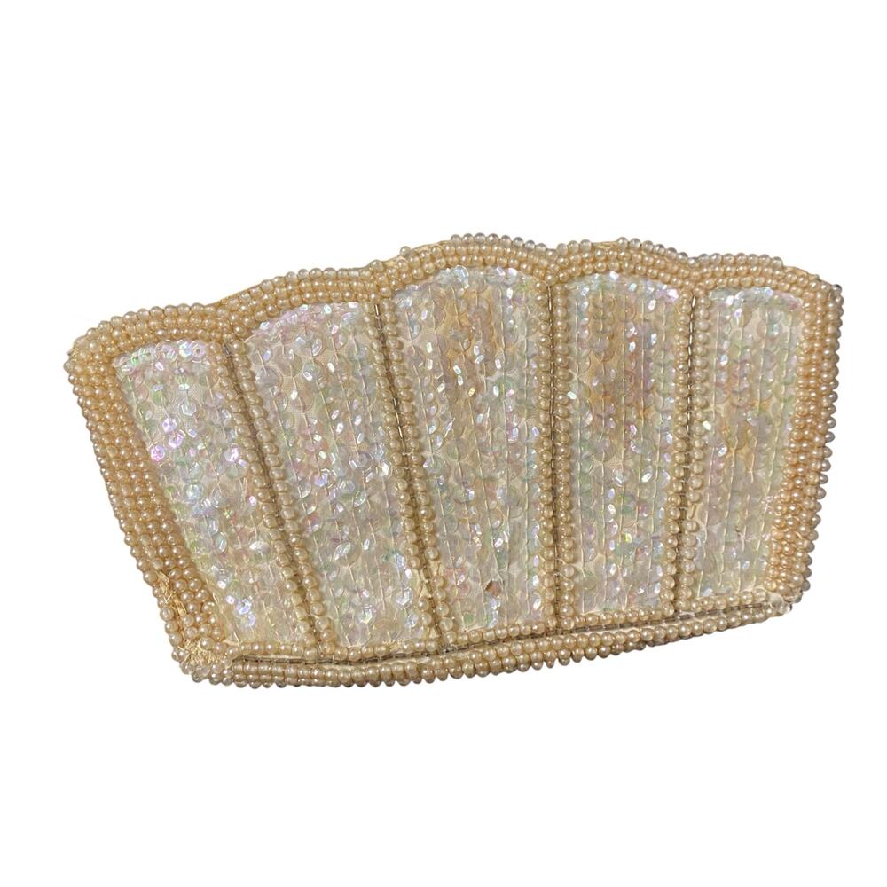 Vintage 1950s Handmade Beaded Cream Sequin and Faux Pearls Coin Purse - Picture 6 of 16